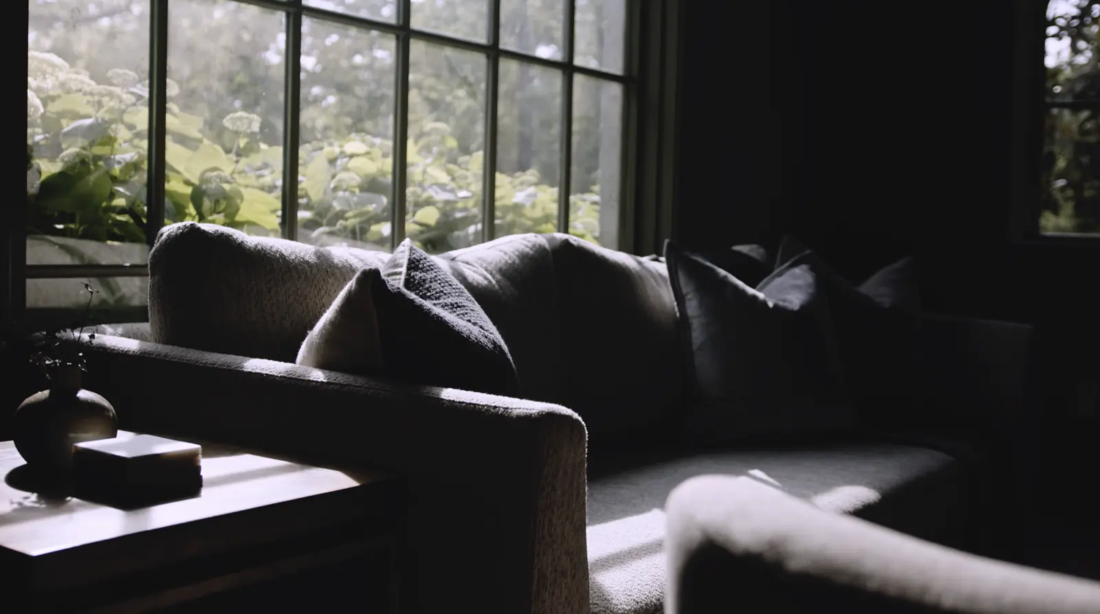 Living room sofa in soft window light with garden beyond