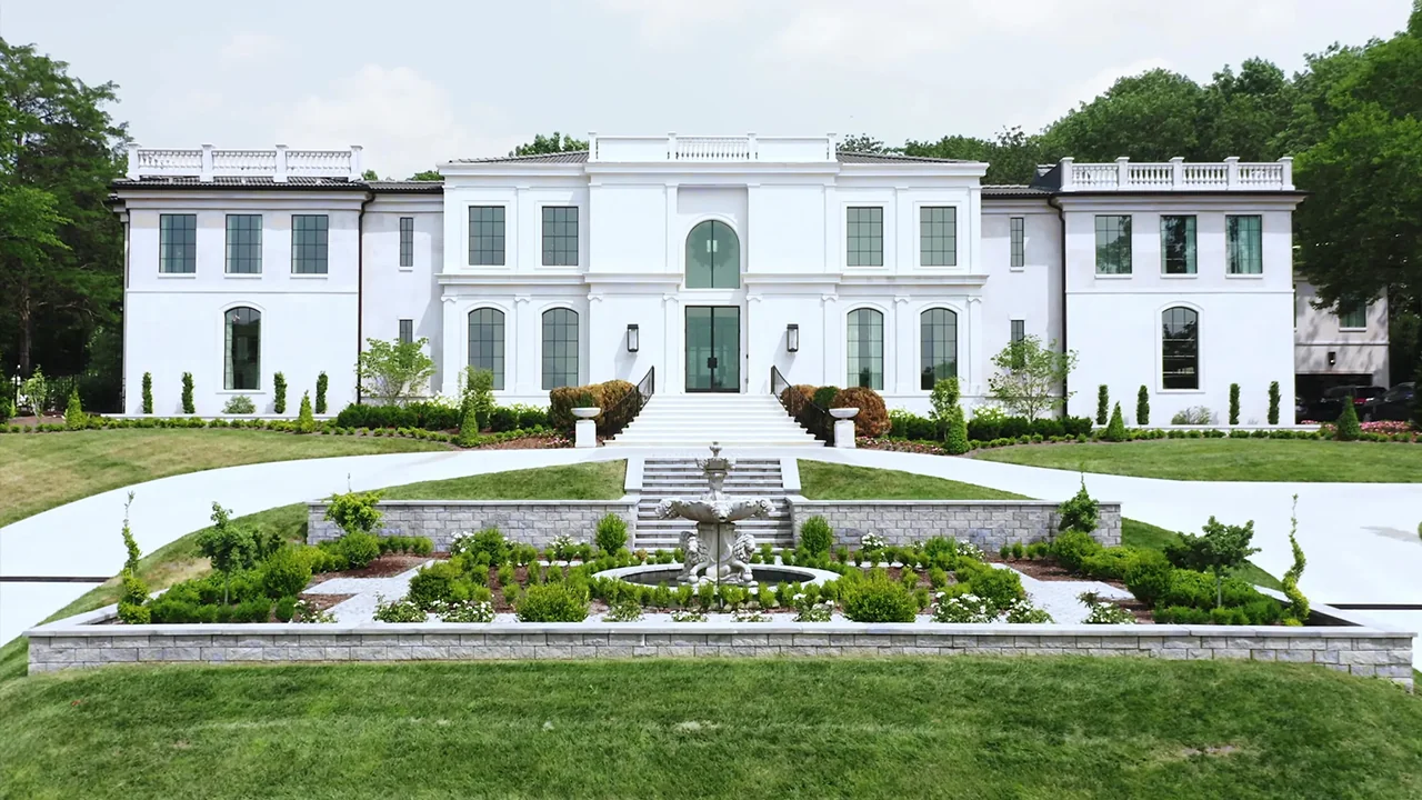 The Harpeth Hills Estate, a European inspired manor with a grand fountain arrival